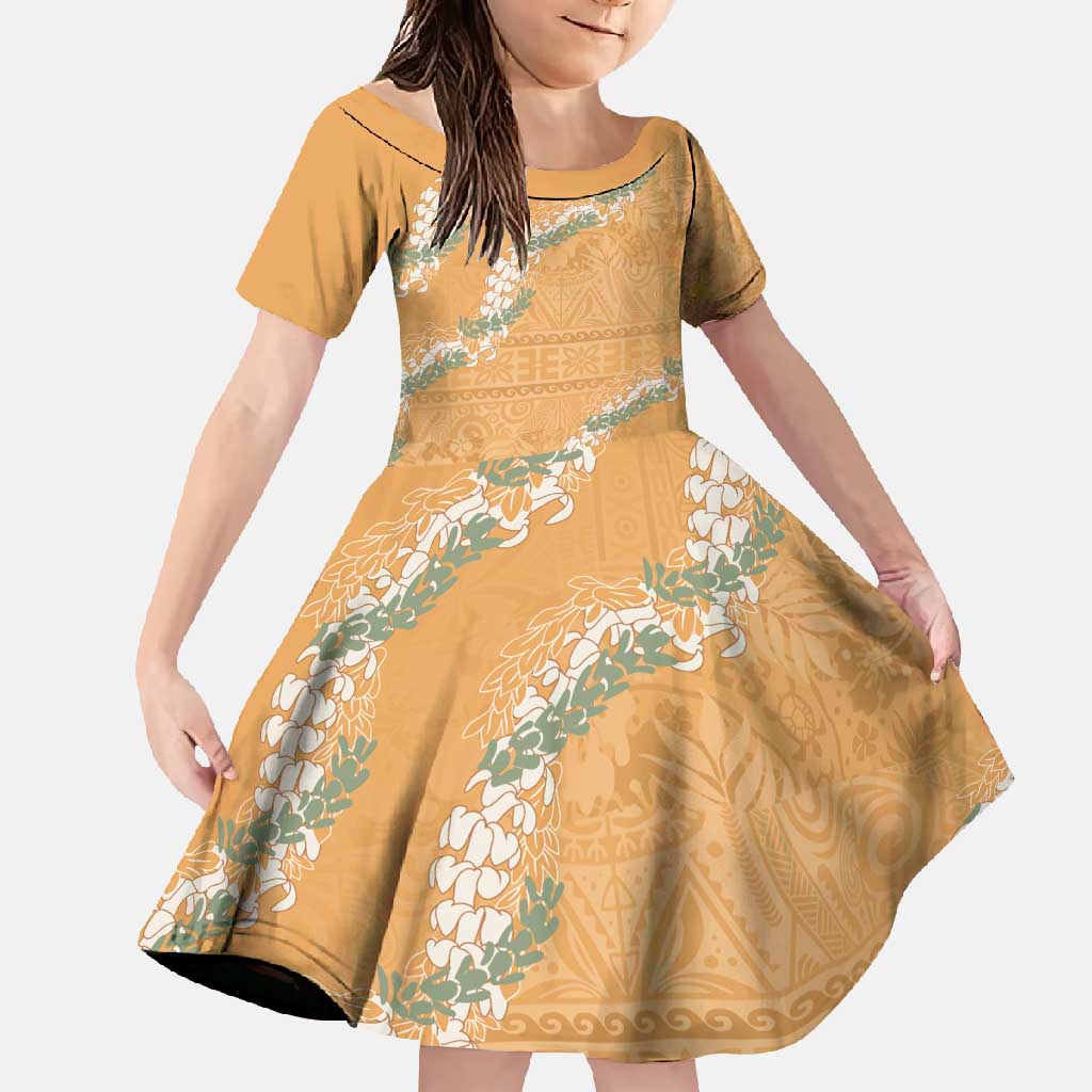 Aloha Pakalana and Puakenikeni Lei Family Matching Short Sleeve Bodycon Dress and Hawaiian Shirt Gold Hawaiian Pattern LT9 Daughter's Dress Gold - Polynesian Pride