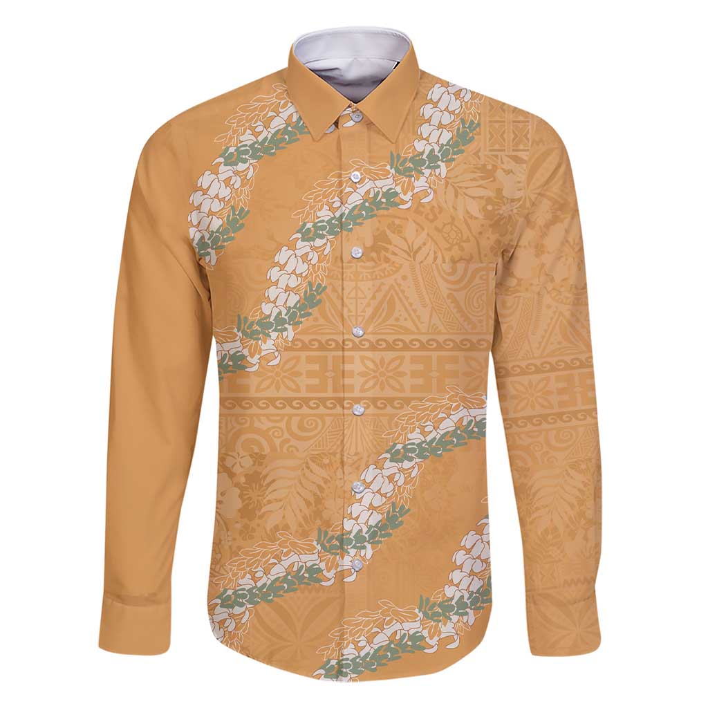 Aloha Pakalana and Puakenikeni Lei Family Matching Short Sleeve Bodycon Dress and Hawaiian Shirt Gold Hawaiian Pattern LT9 Dad's Shirt - Long Sleeve Gold - Polynesian Pride