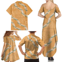 Aloha Pakalana and Puakenikeni Lei Family Matching Summer Maxi Dress and Hawaiian Shirt Gold Hawaiian Pattern
