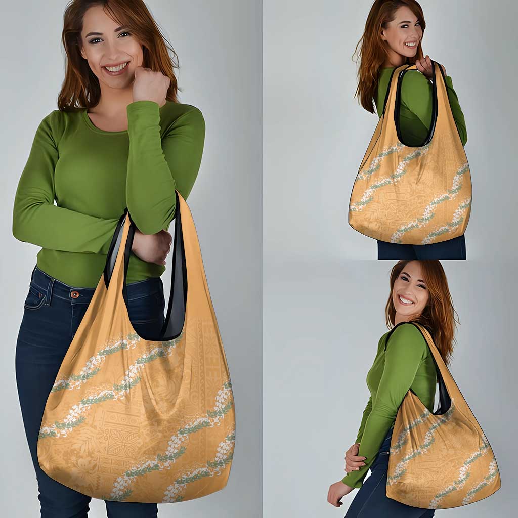 Aloha Pakalana and Puakenikeni Lei Grocery Bag Gold Hawaiian Pattern