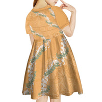 Aloha Pakalana and Puakenikeni Lei Kid Short Sleeve Dress Gold Hawaiian Pattern