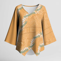 Aloha Pakalana and Puakenikeni Lei Kimono Sleeve Blouse Gold Hawaiian Pattern - Polynesian Pride