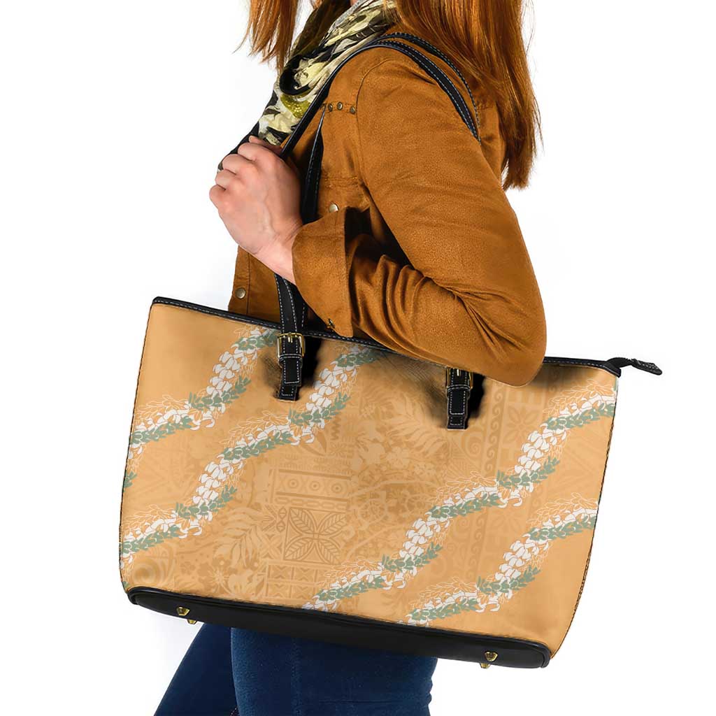 Aloha Pakalana and Puakenikeni Lei Leather Tote Bag Gold Hawaiian Pattern