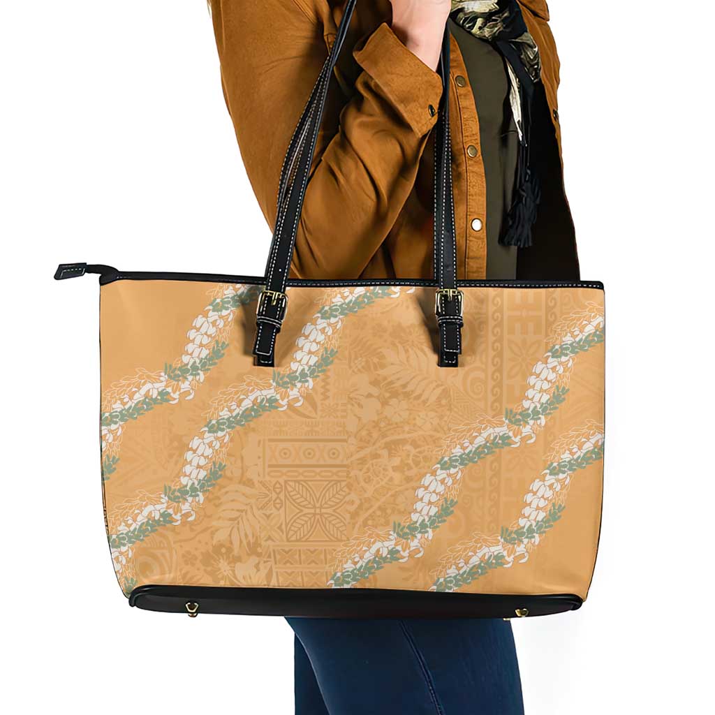 Aloha Pakalana and Puakenikeni Lei Leather Tote Bag Gold Hawaiian Pattern