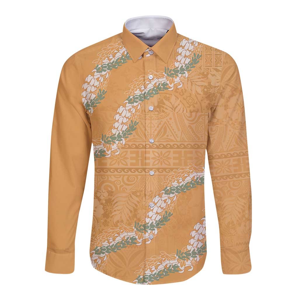 Aloha Pakalana and Puakenikeni Lei Long Sleeve Button Shirt Gold Hawaiian Pattern