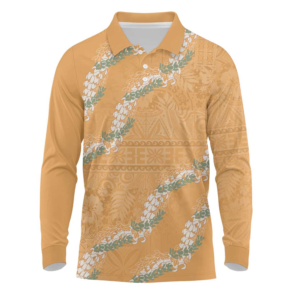 Aloha Pakalana and Puakenikeni Lei Long Sleeve Polo Shirt Gold Hawaiian Pattern