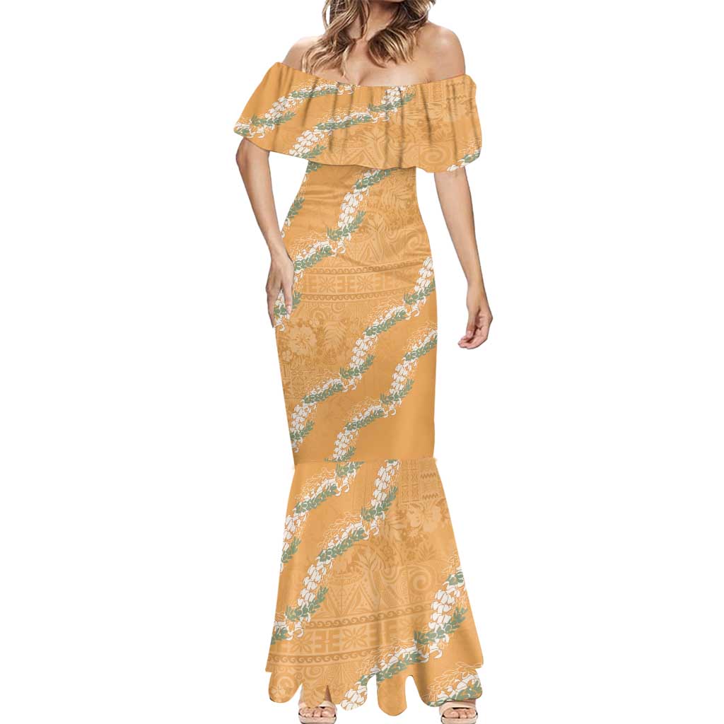 Aloha Pakalana and Puakenikeni Lei Mermaid Dress Gold Hawaiian Pattern