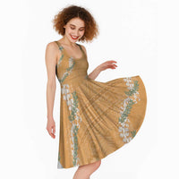 Aloha Pakalana and Puakenikeni Lei Midi Dress Gold Hawaiian Pattern - Polynesian Pride