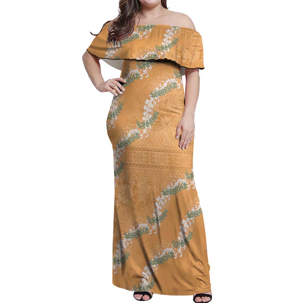 Aloha Pakalana and Puakenikeni Lei Off Shoulder Maxi Dress Gold Hawaiian Pattern