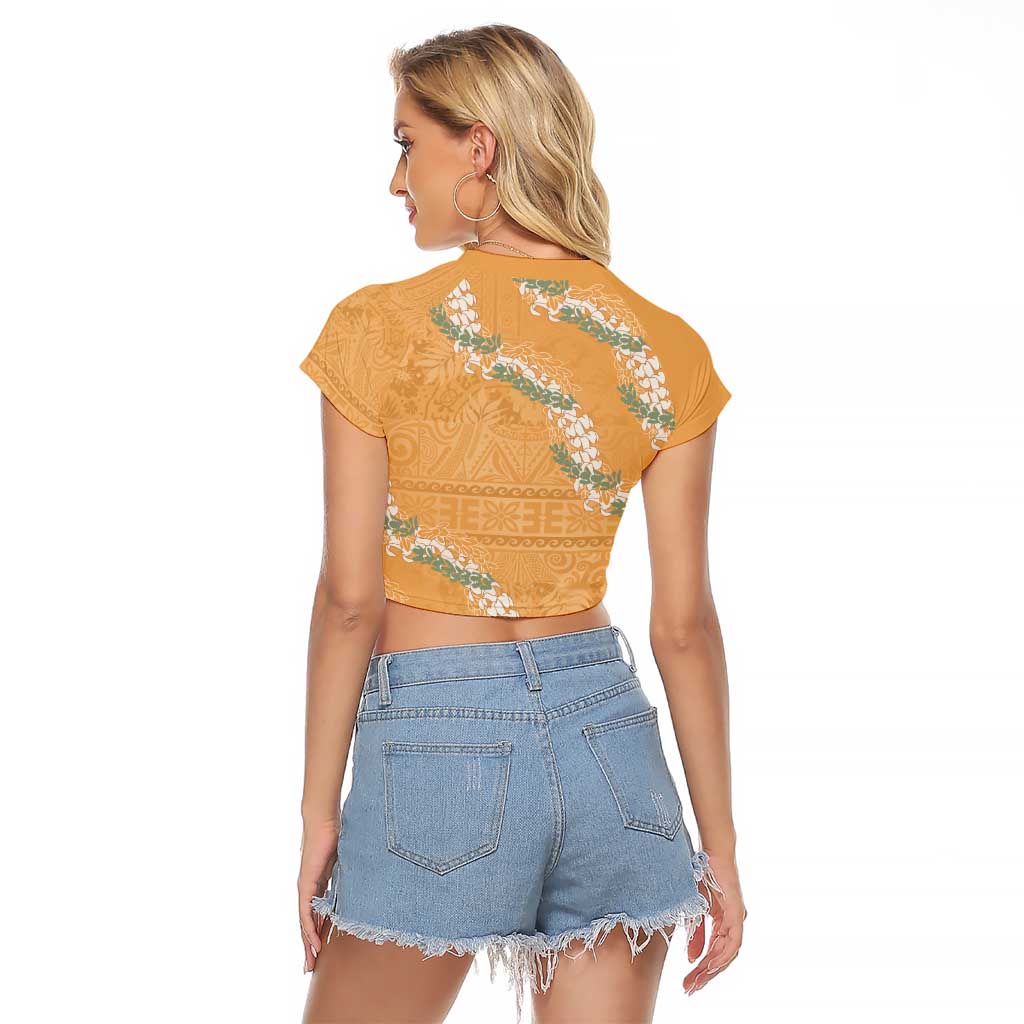 Aloha Pakalana and Puakenikeni Lei Raglan Cropped T Shirt Gold Hawaiian Pattern