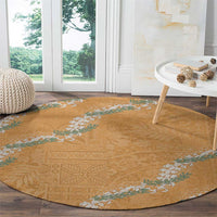 Aloha Pakalana and Puakenikeni Lei Round Carpet Gold Hawaiian Pattern