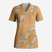 Aloha Pakalana and Puakenikeni Lei Scrub Top Gold Hawaiian Pattern - Polynesian Pride