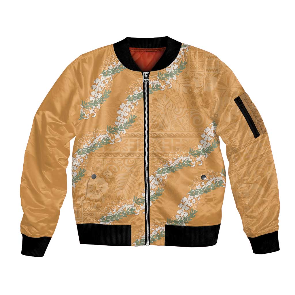 Aloha Pakalana and Puakenikeni Lei Sleeve Zip Bomber Jacket Gold Hawaiian Pattern