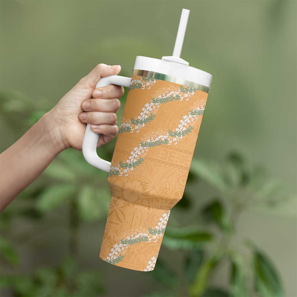 Aloha Pakalana and Puakenikeni Lei Tumbler With Handle Gold Hawaiian Pattern