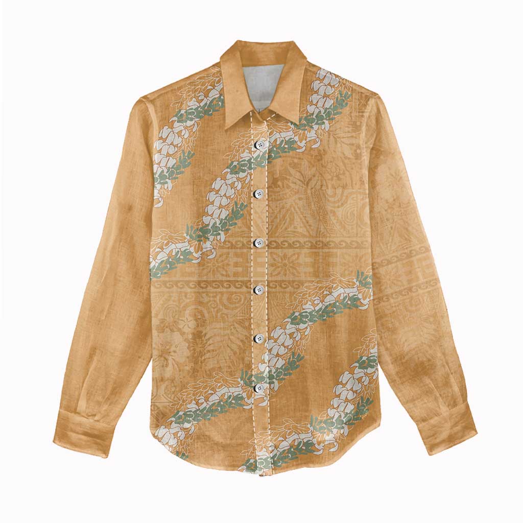 Aloha Pakalana and Puakenikeni Lei Women Casual Shirt Gold Hawaiian Pattern