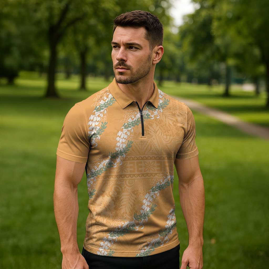 Aloha Pakalana and Puakenikeni Lei Zipper Polo Shirt Gold Hawaiian Pattern - Polynesian Pride
