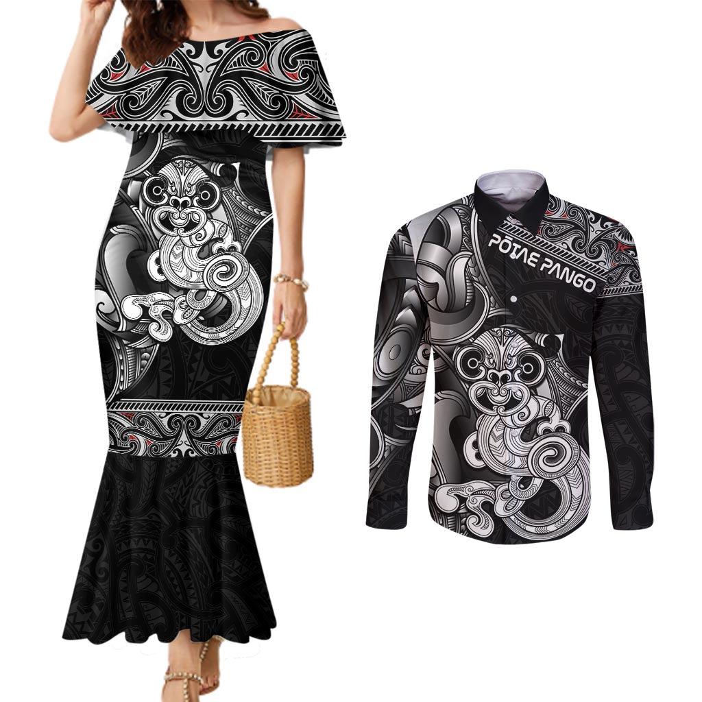 Personalised New Zealand Potae Pango Cricket Couples Matching Mermaid Dress and Long Sleeve Button Shirt Special Maori Hei Tiki Tribal Tattoo LT9 Black - Polynesian Pride