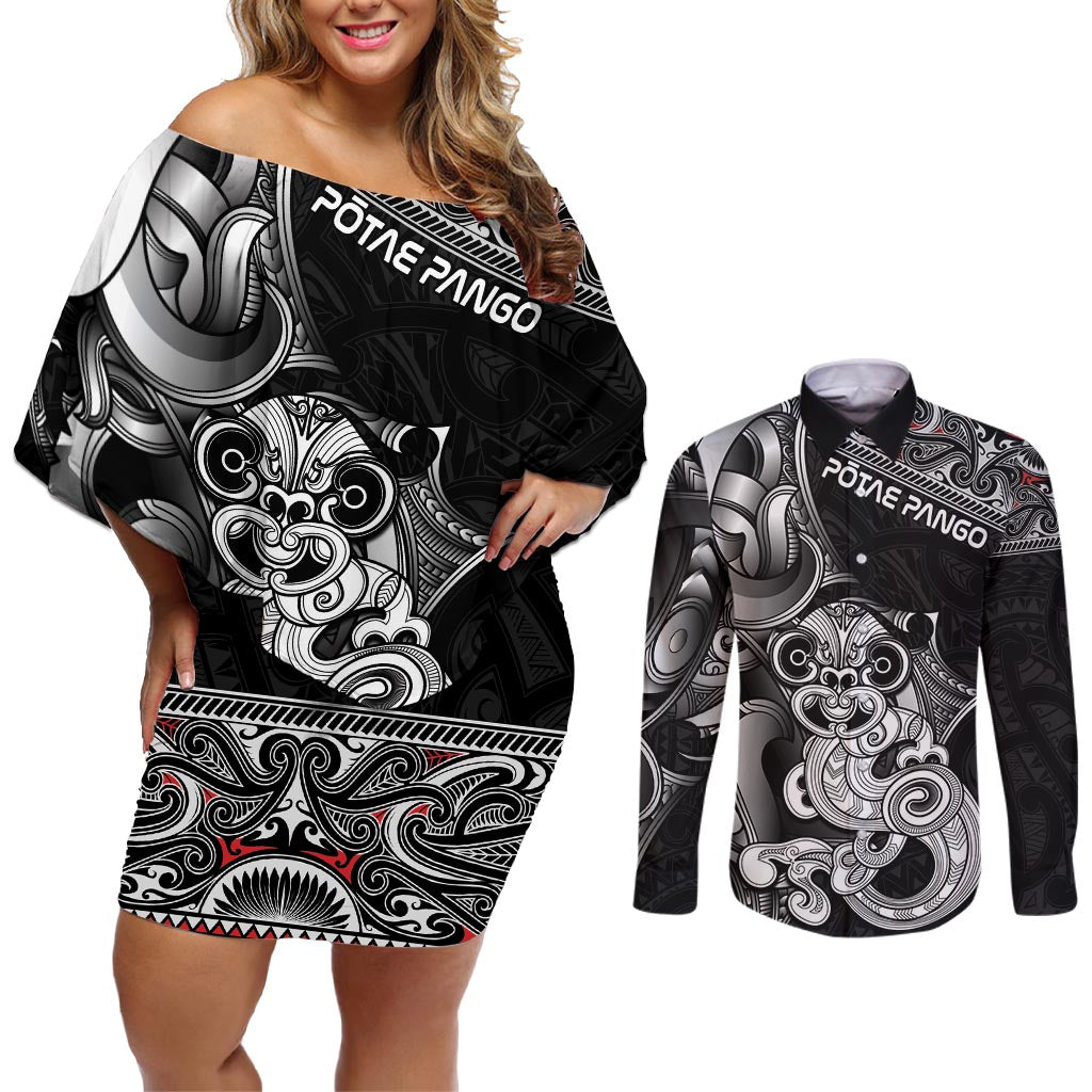 Personalised New Zealand Potae Pango Cricket Couples Matching Off Shoulder Short Dress and Long Sleeve Button Shirt Special Maori Hei Tiki Tribal Tattoo LT9 Black - Polynesian Pride