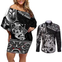 Personalised New Zealand Potae Pango Cricket Couples Matching Off Shoulder Short Dress and Long Sleeve Button Shirt Special Maori Hei Tiki Tribal Tattoo LT9 Black - Polynesian Pride