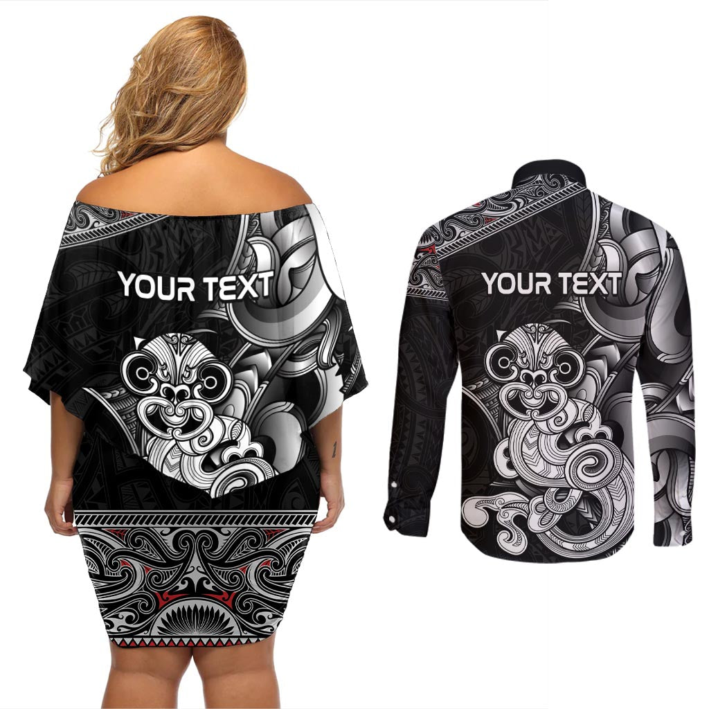 Personalised New Zealand Potae Pango Cricket Couples Matching Off Shoulder Short Dress and Long Sleeve Button Shirt Special Maori Hei Tiki Tribal Tattoo LT9 - Polynesian Pride