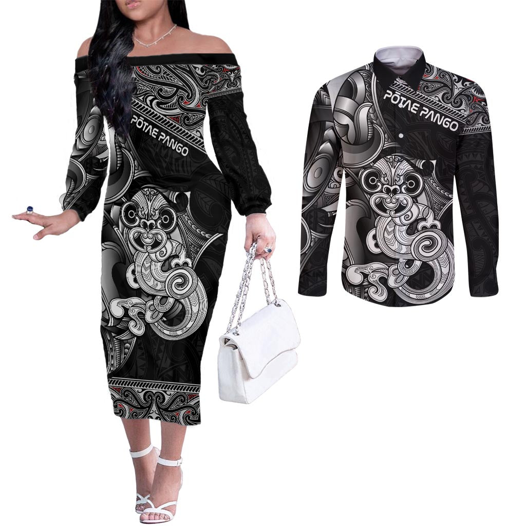 Personalised New Zealand Potae Pango Cricket Couples Matching Off The Shoulder Long Sleeve Dress and Long Sleeve Button Shirt Special Maori Hei Tiki Tribal Tattoo LT9 Black - Polynesian Pride