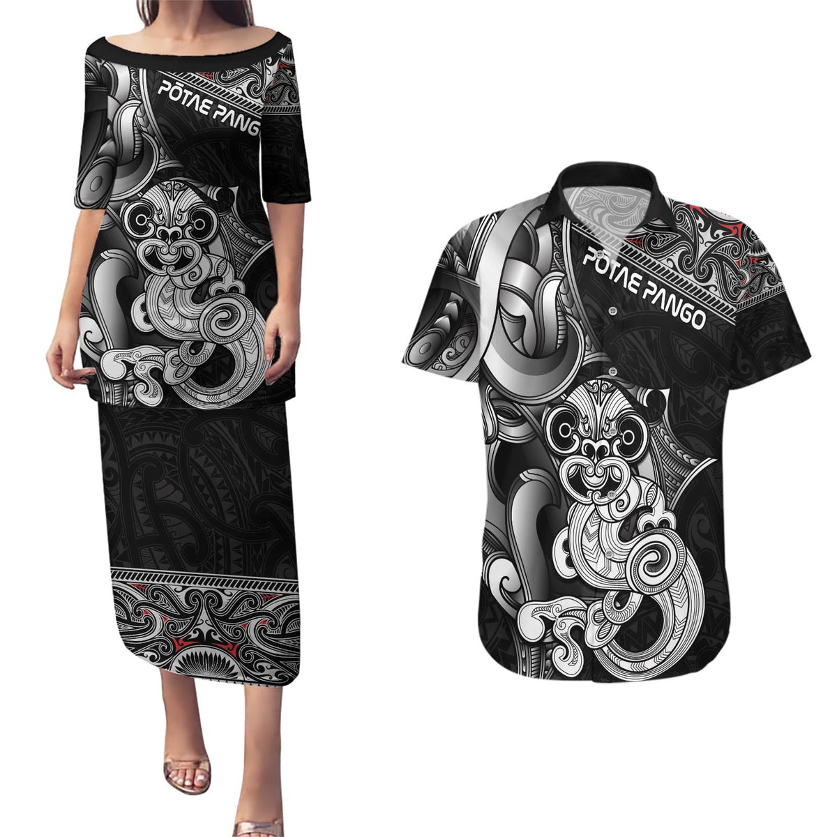 Personalised New Zealand Potae Pango Cricket Couples Matching Puletasi and Hawaiian Shirt Special Maori Hei Tiki Tribal Tattoo LT9 Black - Polynesian Pride