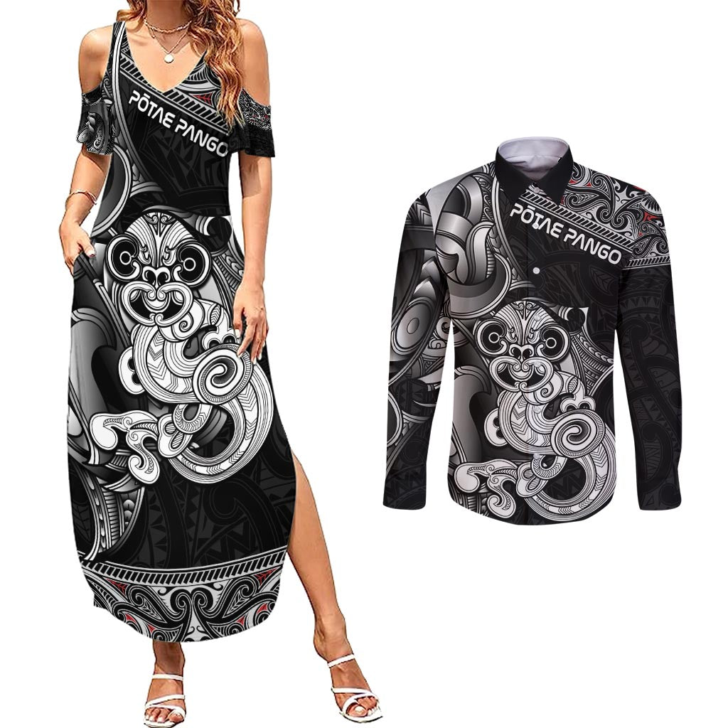Personalised New Zealand Potae Pango Cricket Couples Matching Summer Maxi Dress and Long Sleeve Button Shirt Special Maori Hei Tiki Tribal Tattoo LT9 Black - Polynesian Pride