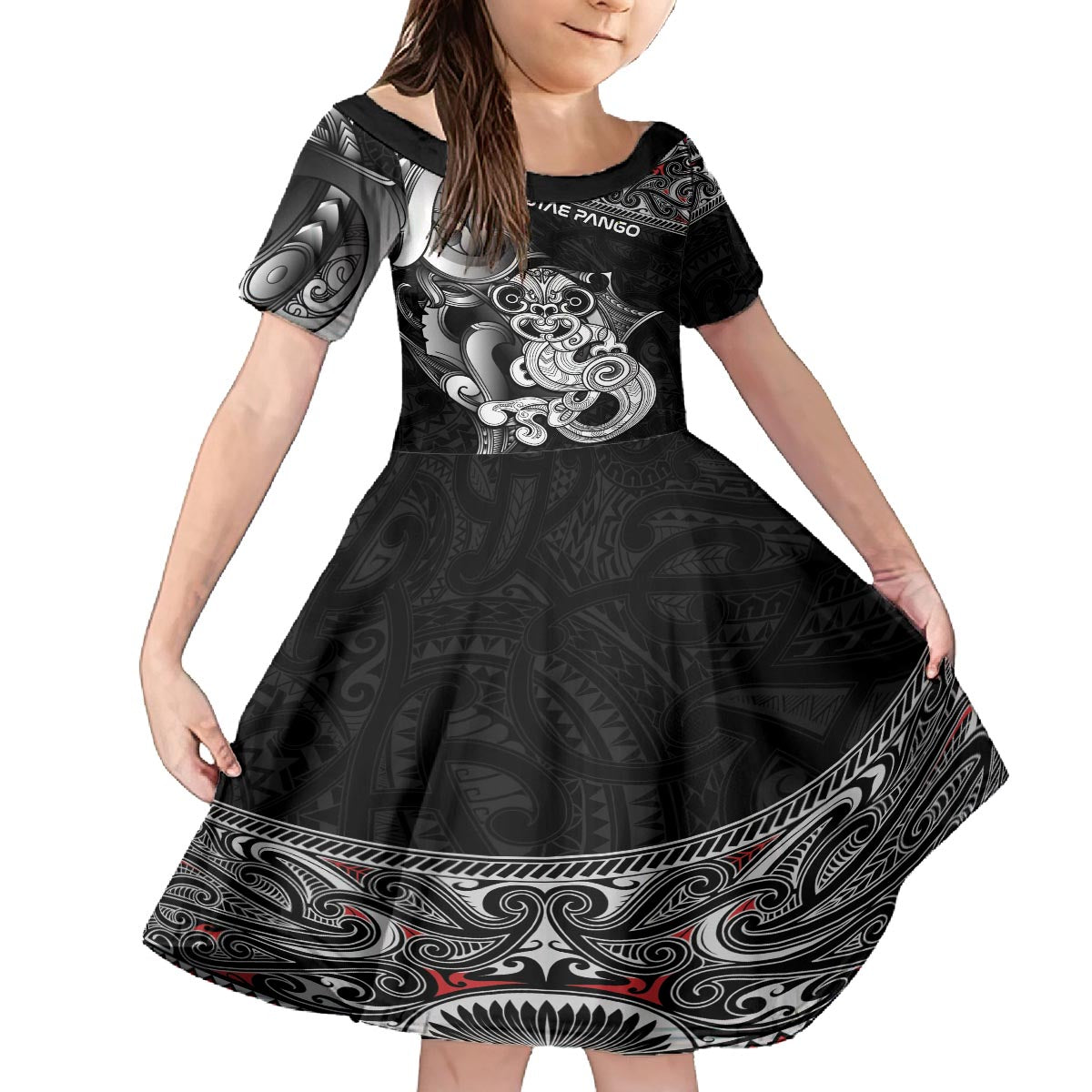Personalised New Zealand Potae Pango Cricket Family Matching Puletasi and Hawaiian Shirt Special Maori Hei Tiki Tribal Tattoo LT9 Daughter's Dress Black - Polynesian Pride