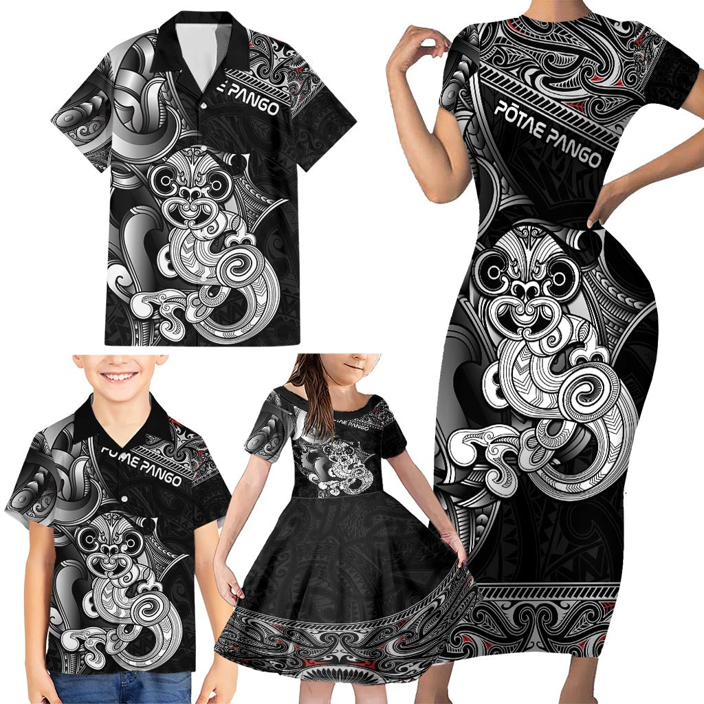 Personalised New Zealand Potae Pango Cricket Family Matching Short Sleeve Bodycon Dress and Hawaiian Shirt Special Maori Hei Tiki Tribal Tattoo LT9 - Polynesian Pride