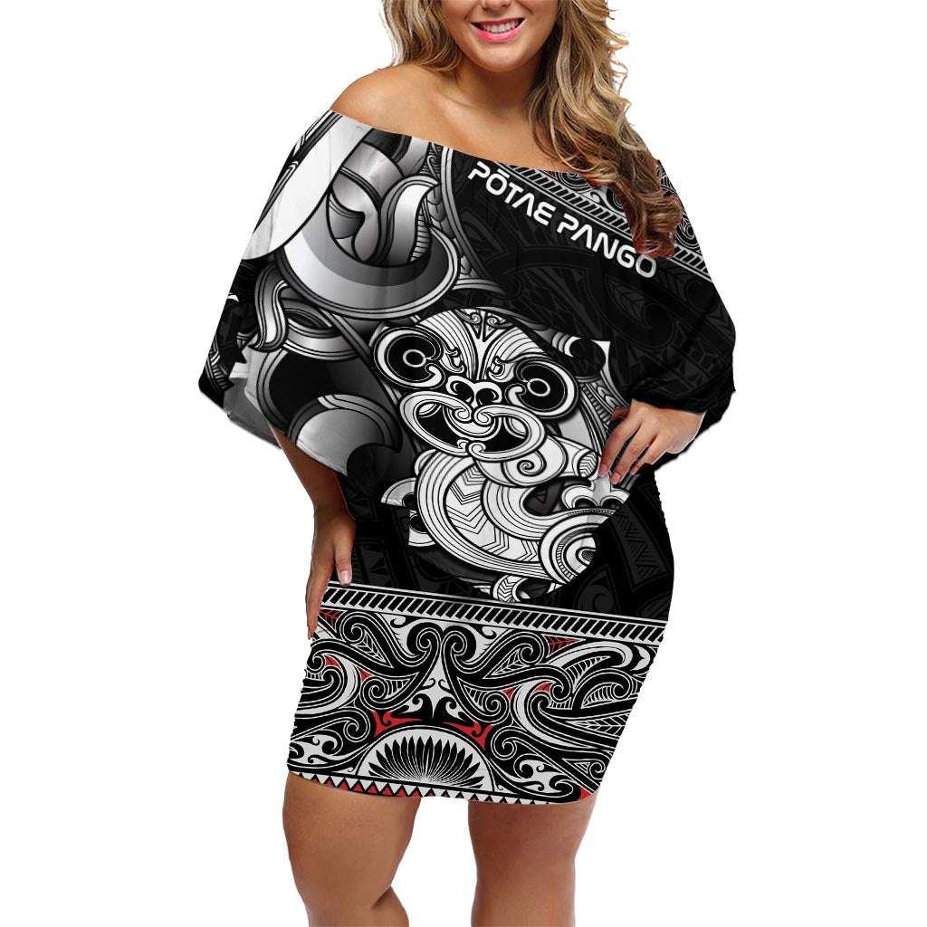 Personalised New Zealand Potae Pango Cricket Off Shoulder Short Dress Special Maori Hei Tiki Tribal Tattoo