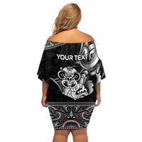 Personalised New Zealand Potae Pango Cricket Off Shoulder Short Dress Special Maori Hei Tiki Tribal Tattoo