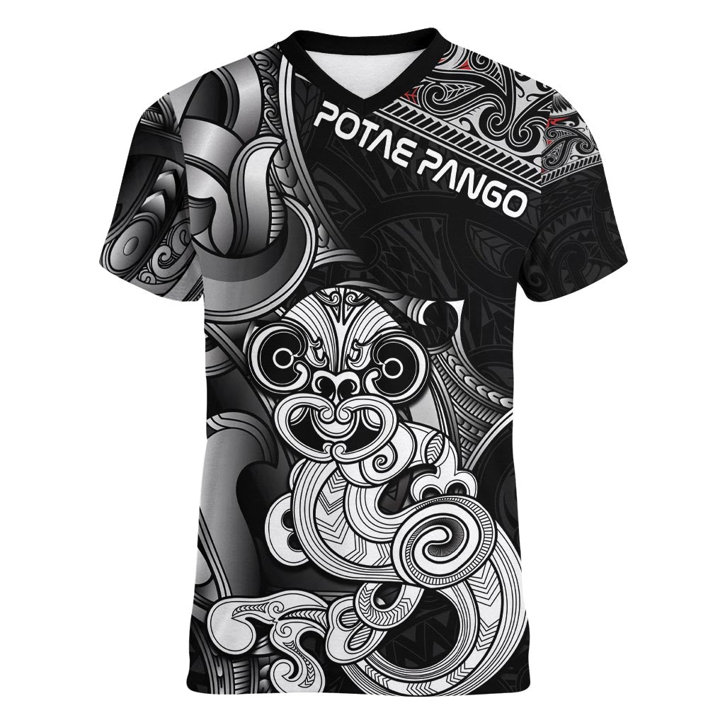 Personalised New Zealand Potae Pango Cricket Women V-Neck T-Shirt Special Maori Hei Tiki Tribal Tattoo LT9 Female Black - Polynesian Pride