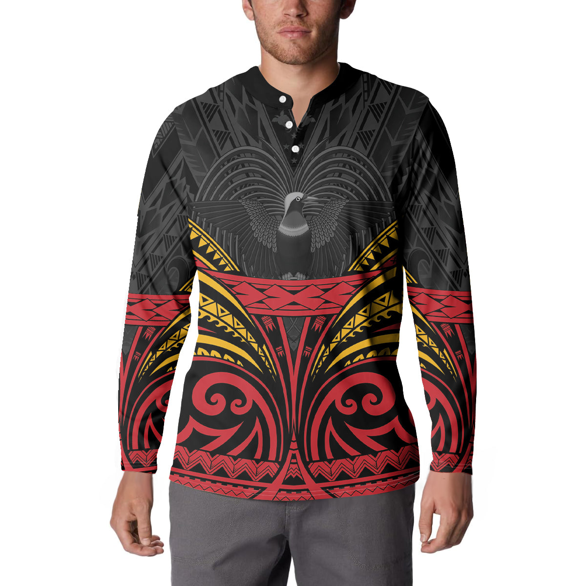 Custom Papua New Guinea Cricket Button Sweatshirt PNG Emblem Mix Polyneisan Pattern