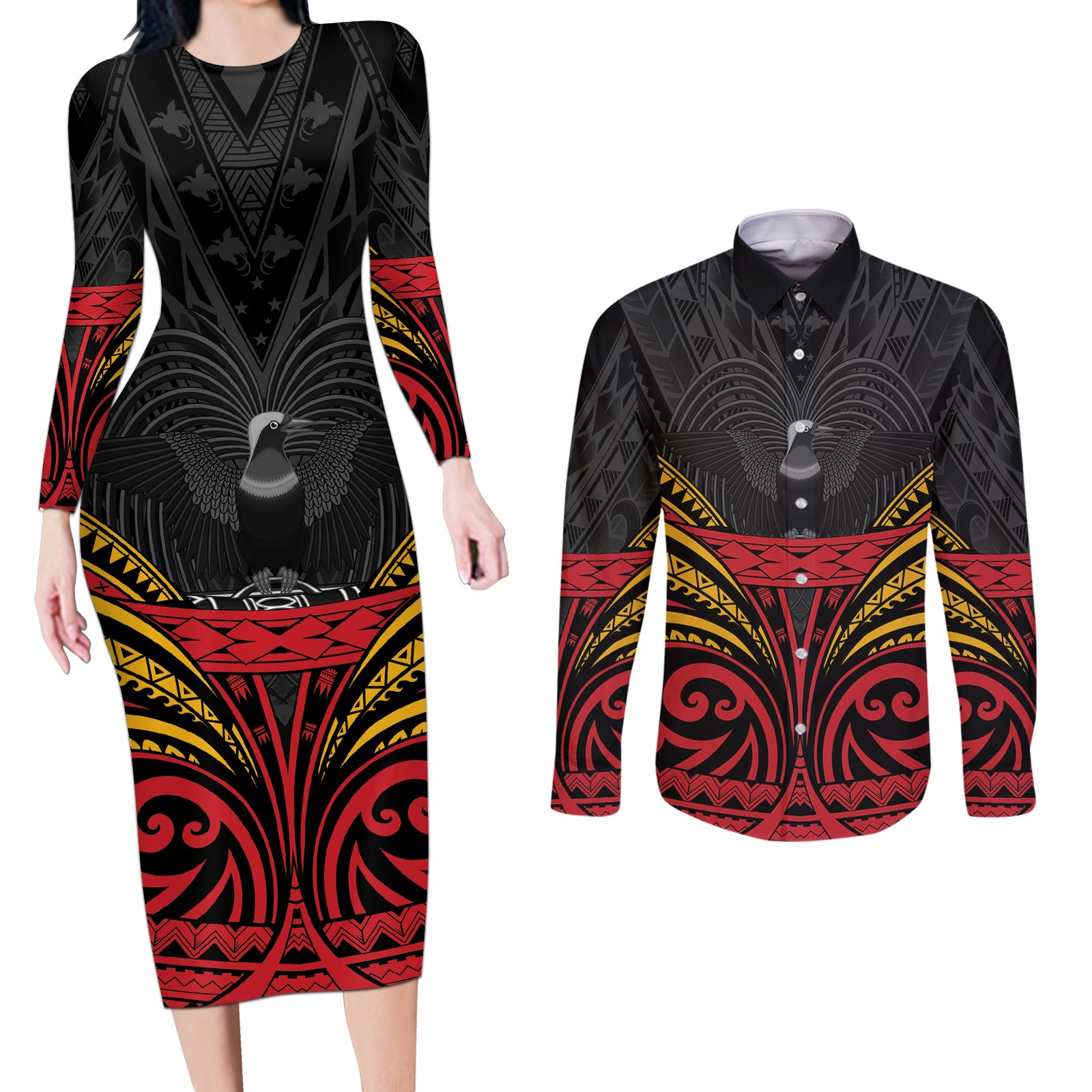 Custom Papua New Guinea Cricket Couples Matching Long Sleeve Bodycon Dress and Long Sleeve Button Shirt PNG Emblem Mix Polyneisan Pattern