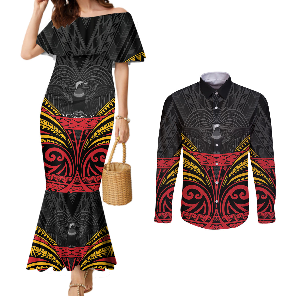 Custom Papua New Guinea Cricket Couples Matching Mermaid Dress and Long Sleeve Button Shirt PNG Emblem Mix Polyneisan Pattern