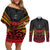 Custom Papua New Guinea Cricket Couples Matching Off Shoulder Short Dress and Long Sleeve Button Shirt PNG Emblem Mix Polyneisan Pattern