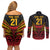 Custom Papua New Guinea Cricket Couples Matching Off Shoulder Short Dress and Long Sleeve Button Shirt PNG Emblem Mix Polyneisan Pattern