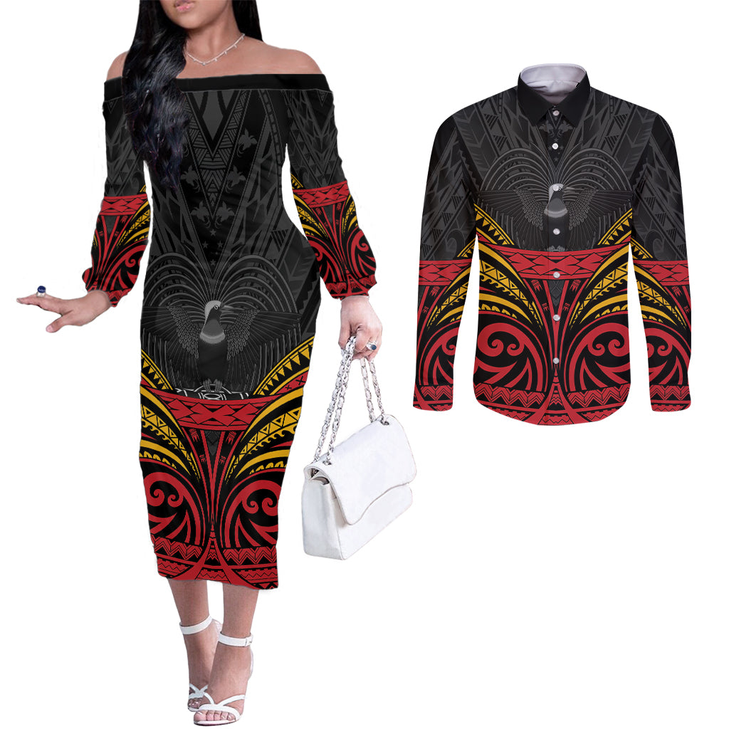 Custom Papua New Guinea Cricket Couples Matching Off The Shoulder Long Sleeve Dress and Long Sleeve Button Shirt PNG Emblem Mix Polyneisan Pattern