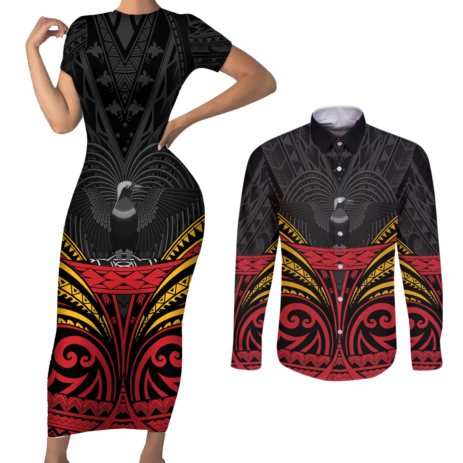 Custom Papua New Guinea Cricket Couples Matching Short Sleeve Bodycon Dress and Long Sleeve Button Shirt PNG Emblem Mix Polyneisan Pattern