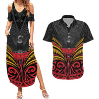 Custom Papua New Guinea Cricket Couples Matching Summer Maxi Dress and Hawaiian Shirt PNG Emblem Mix Polyneisan Pattern