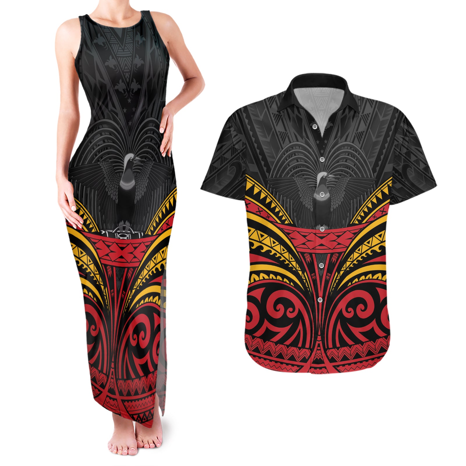 Custom Papua New Guinea Cricket Couples Matching Tank Maxi Dress and Hawaiian Shirt PNG Emblem Mix Polyneisan Pattern