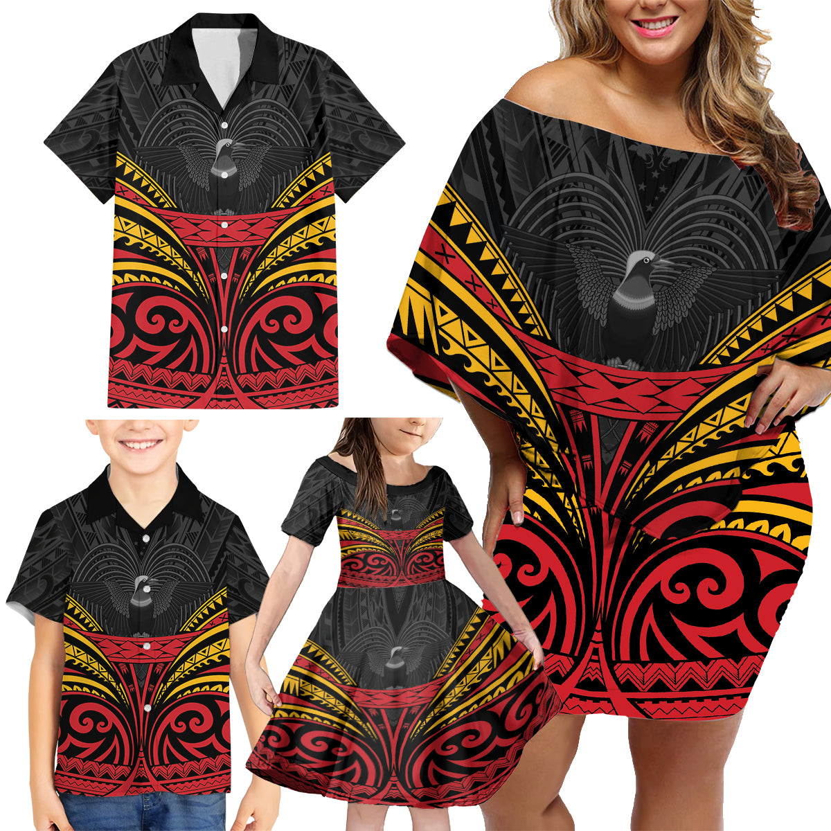 Custom Papua New Guinea Cricket Family Matching Off Shoulder Short Dress and Hawaiian Shirt PNG Emblem Mix Polyneisan Pattern