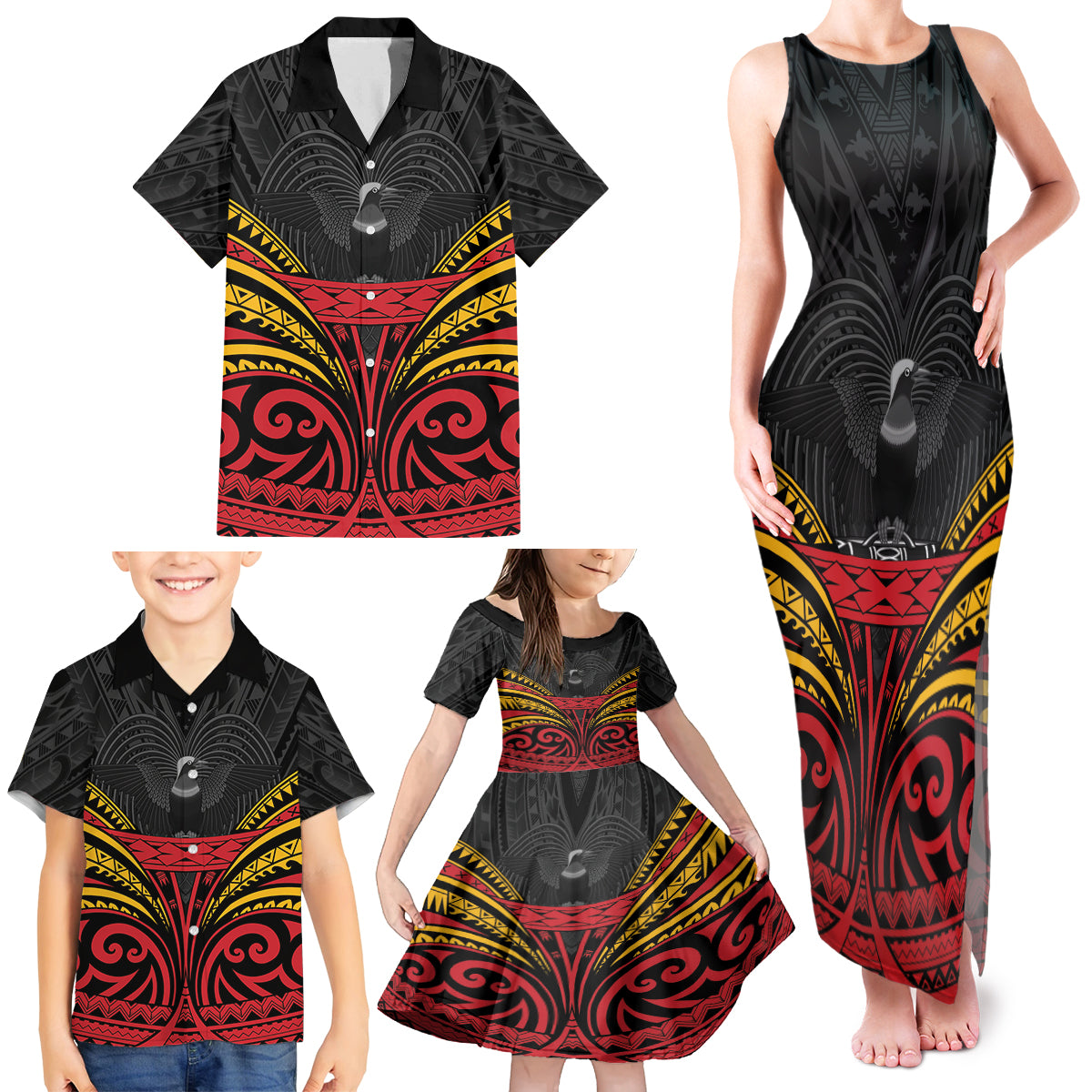 Custom Papua New Guinea Cricket Family Matching Tank Maxi Dress and Hawaiian Shirt PNG Emblem Mix Polyneisan Pattern