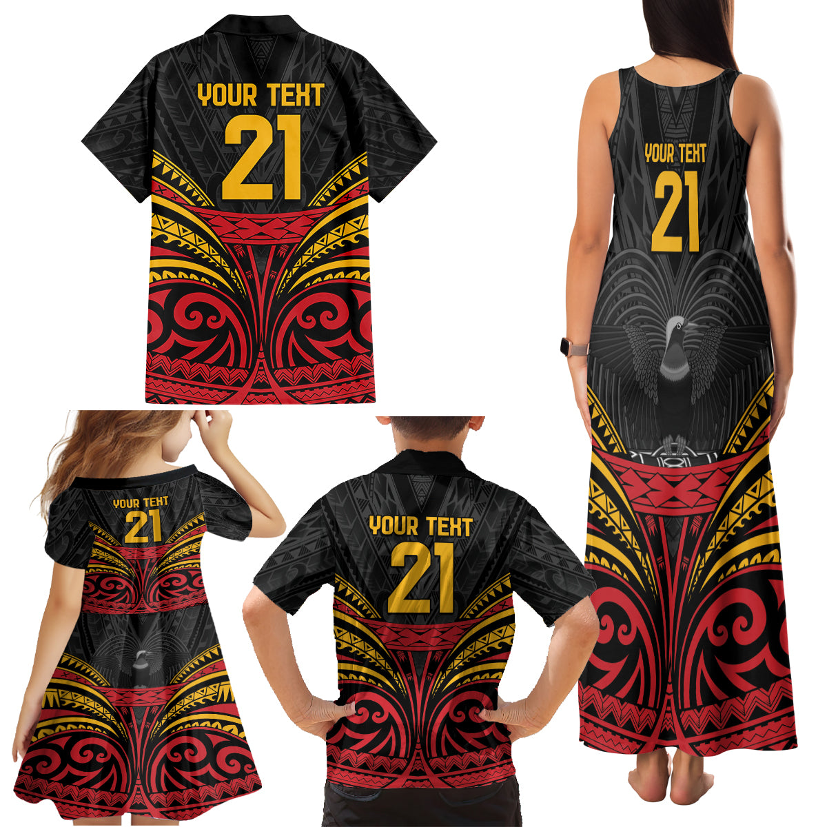 Custom Papua New Guinea Cricket Family Matching Tank Maxi Dress and Hawaiian Shirt PNG Emblem Mix Polyneisan Pattern