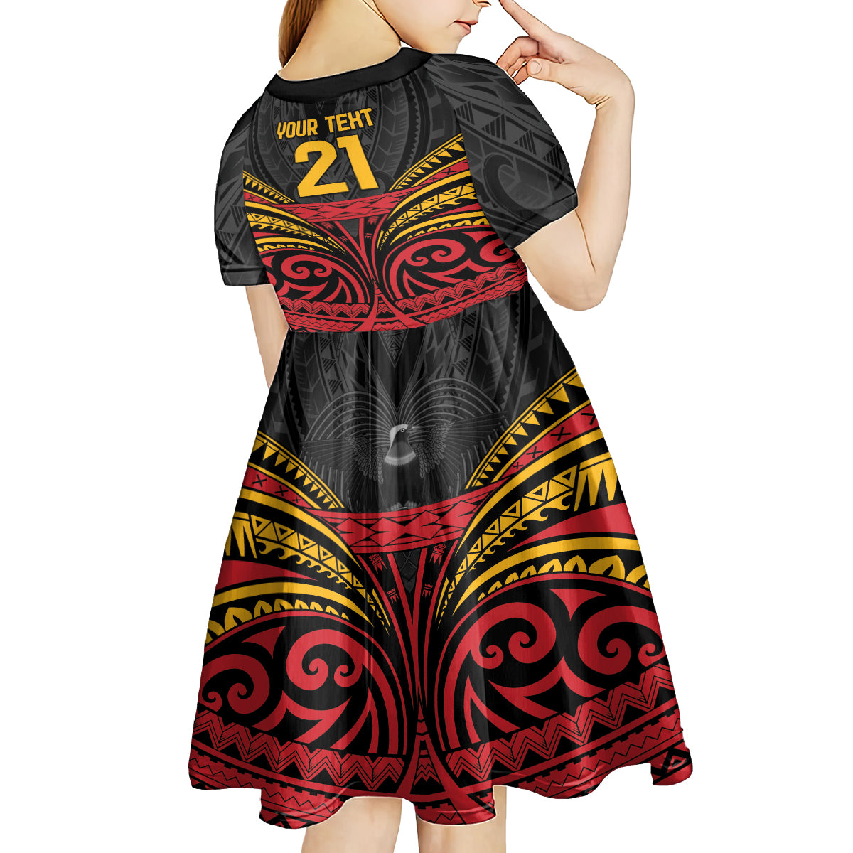 Custom Papua New Guinea Cricket Kid Short Sleeve Dress PNG Emblem Mix Polyneisan Pattern