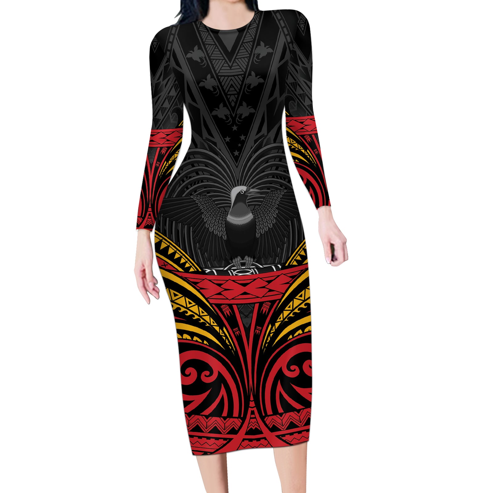 Custom Papua New Guinea Cricket Long Sleeve Bodycon Dress PNG Emblem Mix Polyneisan Pattern