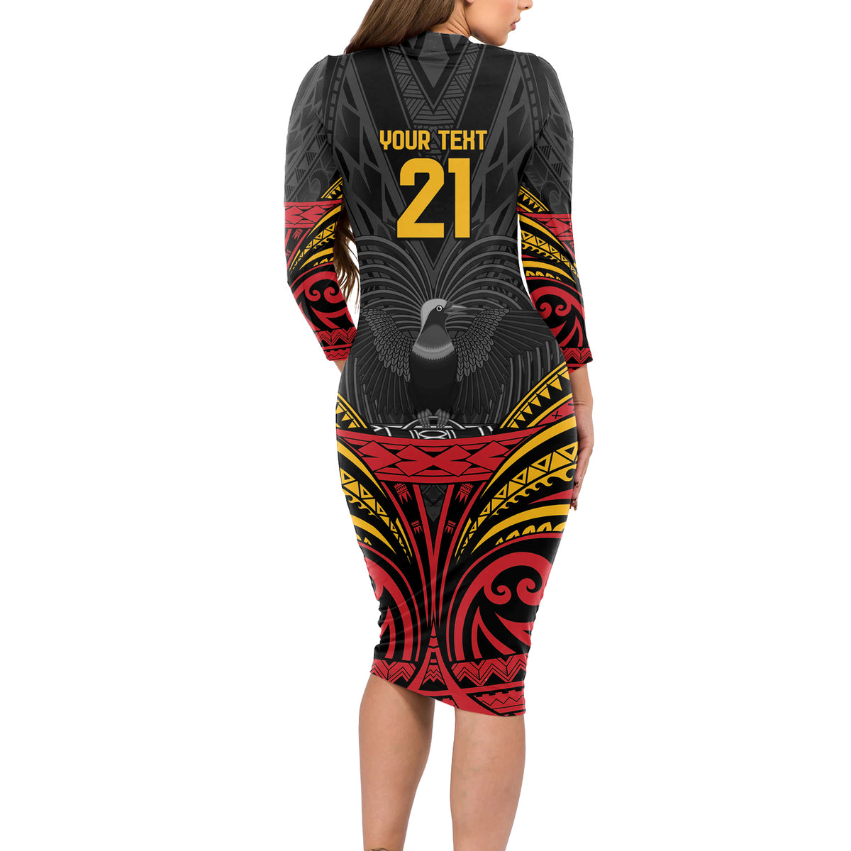 Custom Papua New Guinea Cricket Long Sleeve Bodycon Dress PNG Emblem Mix Polyneisan Pattern