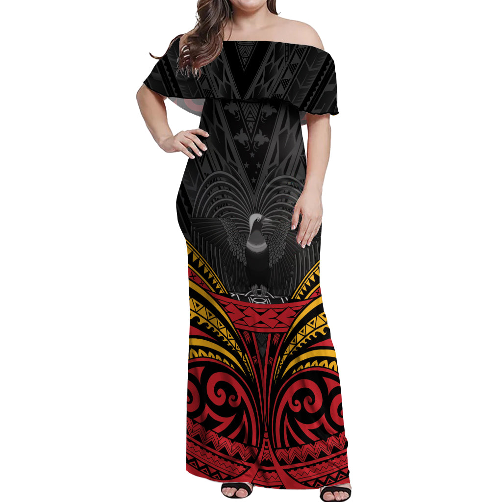 Custom Papua New Guinea Cricket Off Shoulder Maxi Dress PNG Emblem Mix Polyneisan Pattern