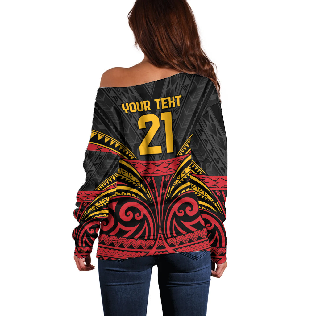 Custom Papua New Guinea Cricket Off Shoulder Sweater PNG Emblem Mix Polyneisan Pattern