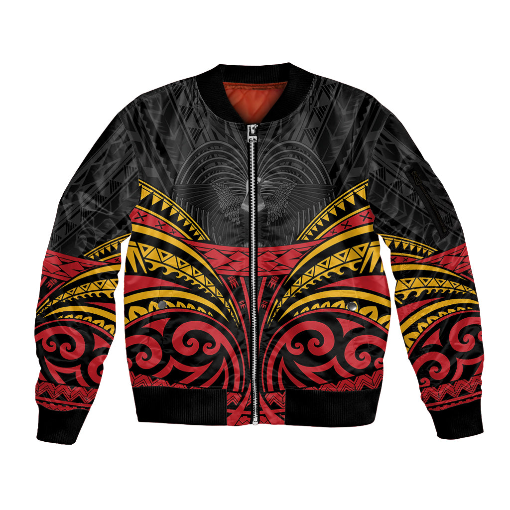 Custom Papua New Guinea Cricket Sleeve Zip Bomber Jacket PNG Emblem Mix Polyneisan Pattern
